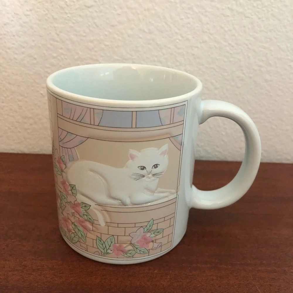 Vintage Otagiri Cat in Window Blue Mug Floral - Picture 1 of 5